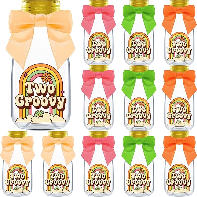 Small 12 Pack Two Groovy Party Favors - DIY Candy Jars with Ribbons and Stickers - Funky Party Decoration Bottles for 2nd Birthday Bash for Baby Boy or Girl - Retro Hippie Table Centerpieces