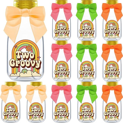Small 12 Pack Two Groovy Party Favors - DIY Candy Jars with Ribbons and Stickers - Funky Party Decoration Bottles for 2nd Birthday Bash for Baby Boy or Girl - Retro Hippie Table Centerpieces