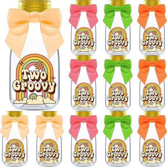 Small 12 Pack Two Groovy Party Favors - DIY Candy Jars with Ribbons and Stickers - Funky Party Decoration Bottles for 2nd Birthday Bash for Baby Boy or Girl - Retro Hippie Table Centerpieces