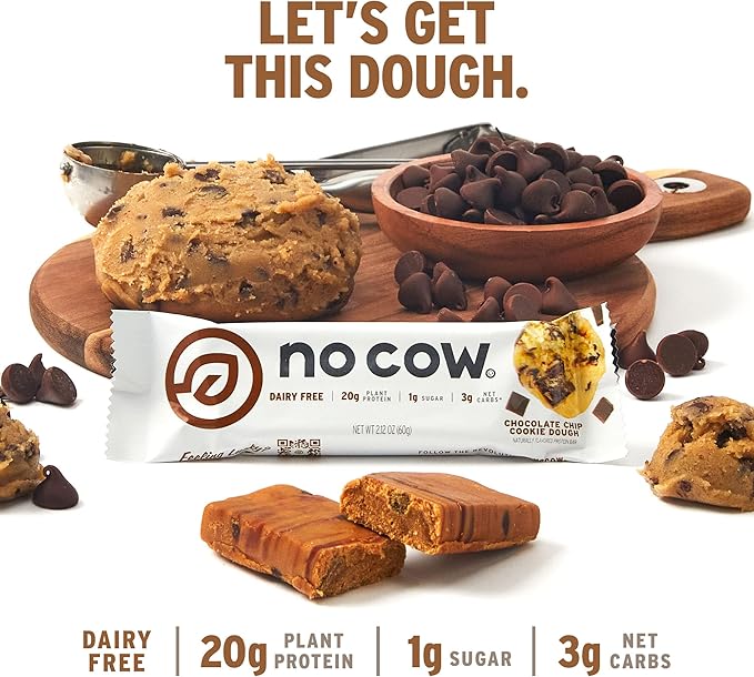 No Cow High Protein Bars, Chocolate Chip Cookie Dough - Healthy Snacks, 20g Vegan Protein, High Fiber, Low Sugar, Keto Friendly, Dairy & Gluten Free (12 Count)