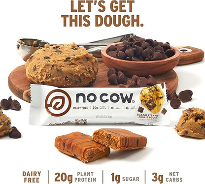 No Cow High Protein Bars, Chocolate Chip Cookie Dough - Healthy Snacks, 20g Vegan Protein, High Fiber, Low Sugar, Keto Friendly, Dairy & Gluten Free (12 Count)