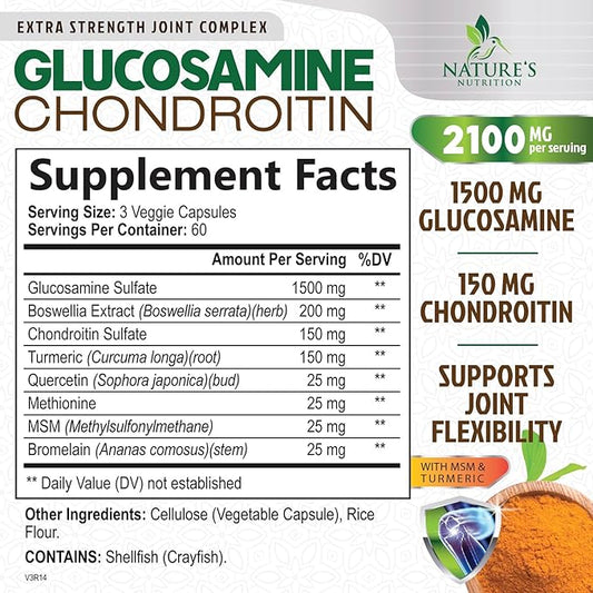 Glucosamine Chondroitin MSM 2100mg Complex - Joint Support Supplement Turmeric & Boswellia, Triple Strength Glucosamine Capsules - Support for Joint Mobility with Quercetin Bromelain - 180 Capsules