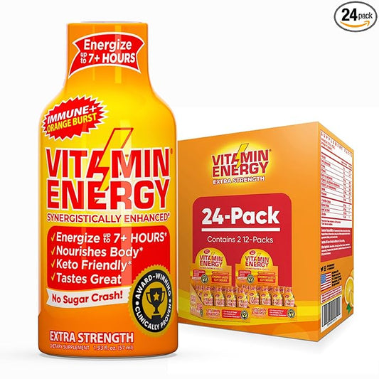 Vitamin Energy Immune+ Extra Strength Daily Energy Shot – Orange Burst – 260mg Natural Caffeine, B-Vitamins, Green Tea, Citicoline – Immune & Focus Support – Zero Sugar, Vegan – 1.93 fl oz, 24-Pack