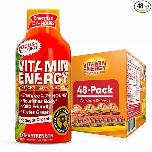 Vitamin Energy Focus+ Extra Strength Daily Energy Shot – Fruit Punch – 260mg Natural Caffeine, 100% DV B-Vitamins – Focus & Productivity Support – Zero Sugar, Vegan, Kosher – 1.93 fl oz, 48-Pack