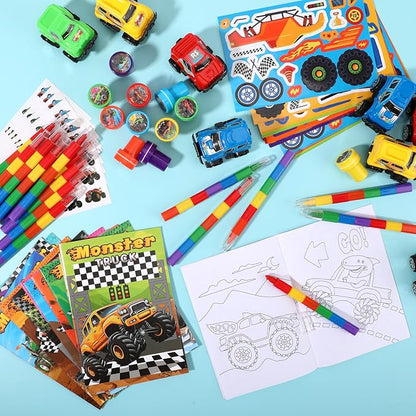 BenLouis 84Pcs Monster Truck Party Favors Truck Car Theme Coloring Books Crayons Sticker Set Bulk for Kids Racing Wheels Birthday Decor Goodie Bag Stuffer Classroom Rewards Craft Pinata Supplies