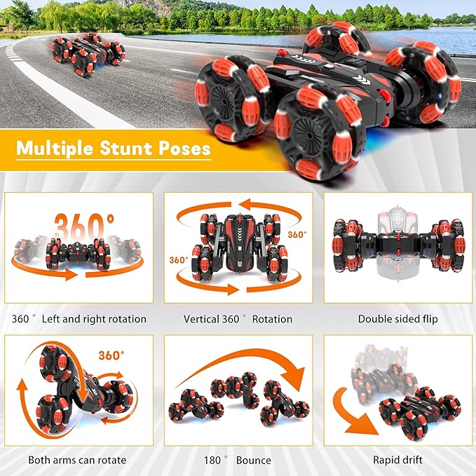 Eulogia Gesture Sensing RC Stunt Car for Kids, Double Sided 360° Flips & Rotating, 40+ Mins Playtime, Durable Off-Road Remote Control Car Toys Gifts for Boys Girls Age 5-12 (Red)