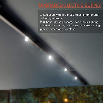 FRUITEAM Solar LED patio Ourdoor market umbrella with LED Lights,Tilt and Crank Table Umbrellas for Garden, Deck, Backyard and Pool(Beige)
