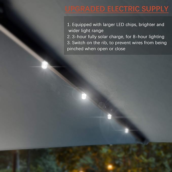 FRUITEAM Solar Patio Umbrella Outdoor LED Umbrella 7 1/2 FT Table Umbrella with Lights Patio Umbrella with with Sturdy Ribs/Crank and Tilt Adjustment for Garden/Poolside/Backyard,