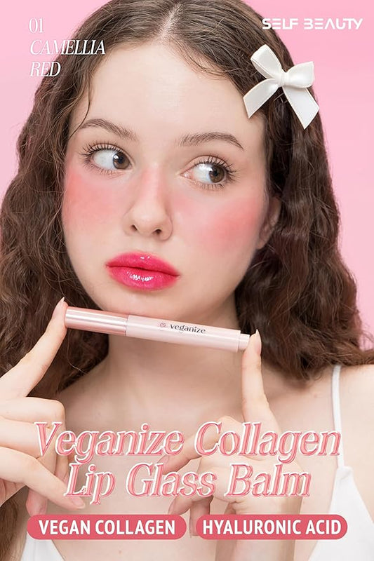 self beauty Veganize Collagen Lip Glass Balm - Hydrating Lip w/Hyaluronic Acid - Vegan Korean Lip Balm Moisturizing Lip Care – Lip Gloss Repair for Dry Cracked Lips 0.06 oz (#1 Camellia Red)