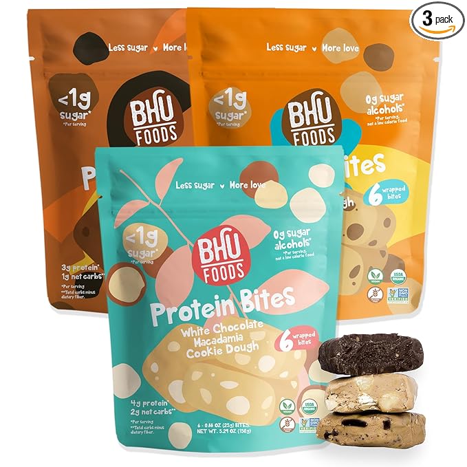 Bhu Foods Keto Bites, Best Sellers Variety Pack, Chocolate Chip, Dark Chocolate, Macadamia Cookie Dough, Organic Snacks for Adults, Individually Wrapped (3 Pack)