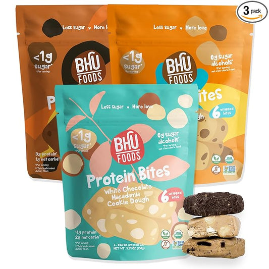 Bhu Foods Keto Bites, Best Sellers Variety Pack, Chocolate Chip, Dark Chocolate, Macadamia Cookie Dough, Organic Snacks for Adults, Individually Wrapped (3 Pack)