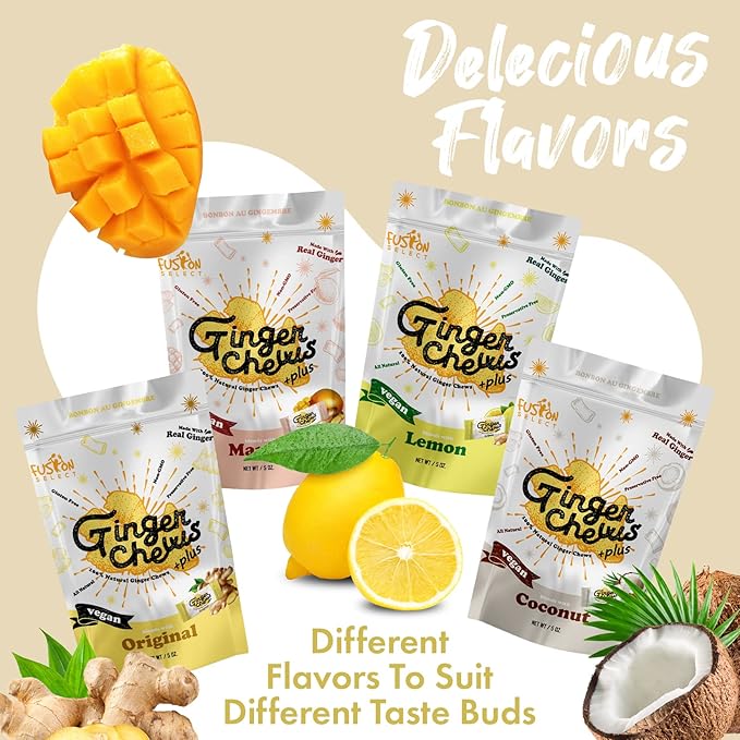 Fusion Select Ginger Chews - Sweet Soft Candied Delights From Indonesia - Promotes Relief From Morning Sickness, Upset Stomach - Made from Real Ginger Root, Non-GMO, Vegan Candy (4 Variety Flavors)