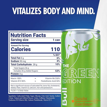 Red Bull Green Edition Energy Drink, Curuba Elderflower, 8.4 fl. oz., Pack of 4 cans, with 80mg Caffeine, Taurine & B Vitamins