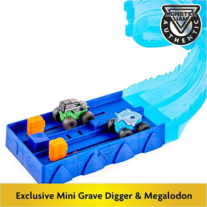 Monster Jam, Mini Megalodon Race and Chomp Playset with 2 Monster Jam Mini Trucks, 1:87 Scale, Kids Toys for Boys and Girls Ages 4-6+
