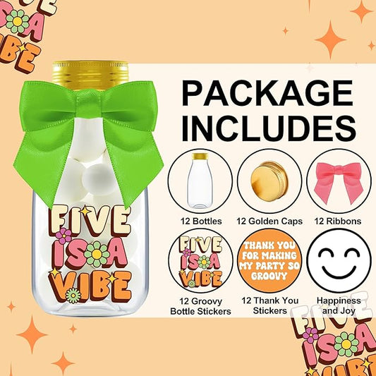 Small 12 Pack Five is a Vibe Party Favors - DIY Candy Jars with Ribbons and Stickers - Groovy Party Decoration Bottles for 5th Birthday Bash for Boy or Girl - Giftable Funky Retro Table Centerpiece