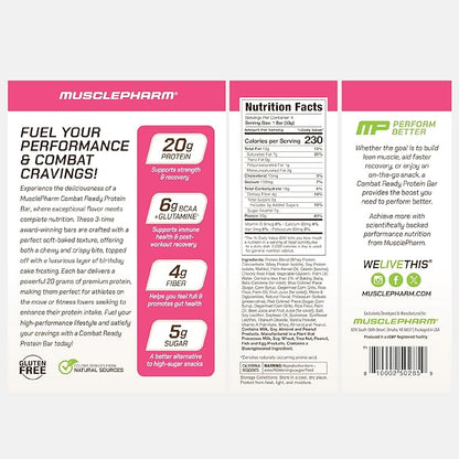 MusclePharm Combat Ready Protein Bar, Confetti Cake High Protein Bars, Combat Cravings, Fuel Performance & Meet Energy Demands, 20g Protein from Whey Protein, 4g Fiber, Gluten Free, 4 Bars
