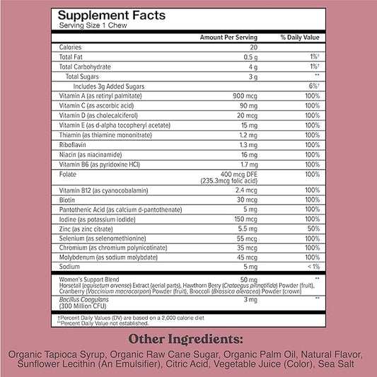 Chewsy Women's Multivitamin Chews, Immune & Energy Support, Vitamins C, B12, A, D, E, Folic Acid, Probiotics, Biotin, Cranberry, Adult Chewable Vitamin, Individually Wrapped Fruity Chews,30-Day Supply