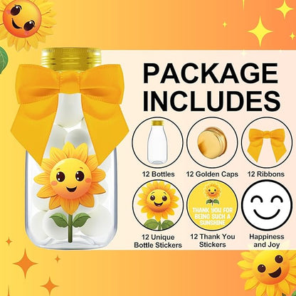 Small 12 Pack Sunflower Party Favors - DIY Candy Jars with Ribbons and Stickers - Party Decoration Bottles for Birthday, School Classroom, Baby Shower, Bridal Shower, and Wedding - Sun Flower
