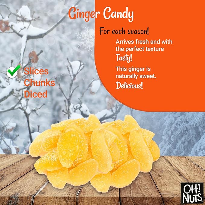 Oh! Nuts Ginger Candy - 4 lb - Dried Fruit Slices - with Crystallized Sugar Candied Coating - Dehydrated Fruit Bites - Packed in New York Zip-Seal Bag for Exceptional Freshness
