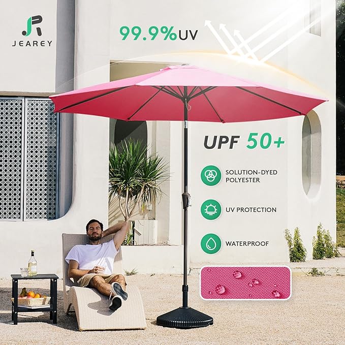 JEAREY 9FT Outdoor Patio Umbrella Outdoor Table Umbrella with Push Button Tilt and Crank, Market Umbrella 8 Sturdy Ribs UV Protection Waterproof for Garden, Deck, Backyard, Pool (Rose Pink)