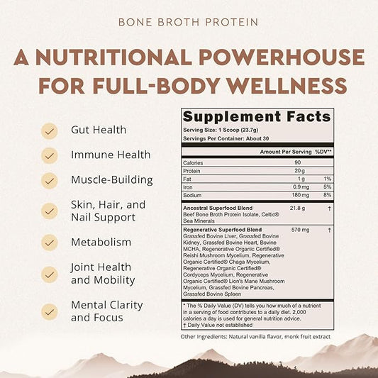 Ancestral Supplements Grass Fed Protein Powder, Vanilla, Beef Bone Broth Based with Beef Organs & Organic Mushrooms, Gut Health Support, High Protein Supplement, 20g Protein Per Serving, 30 Day Supply