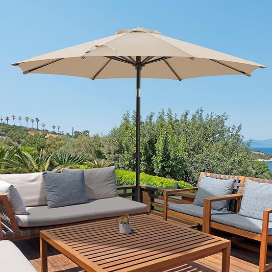 wikiwiki 9 FT Patio Umbrellas Outdoor Table Market Umbrella with Push Button Tilt/Crank, 8 Sturdy Ribs, Fade Resistant Waterproof POLYESTER DTY Canopy for Garden, Lawn, Deck, Backyard & Pool,Beige