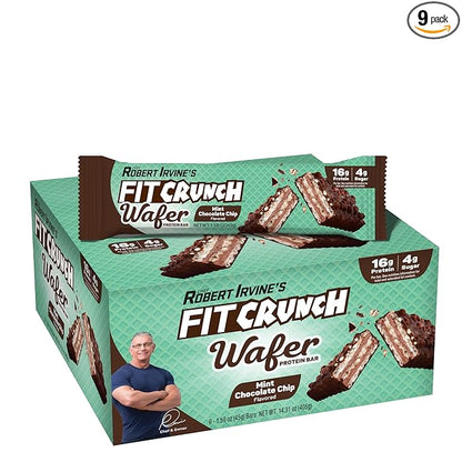 FITCRUNCH Wafer Protein Bars, 16g of Protein & 4g of Sugar (9 Bars, Mint Chocolate Chip)