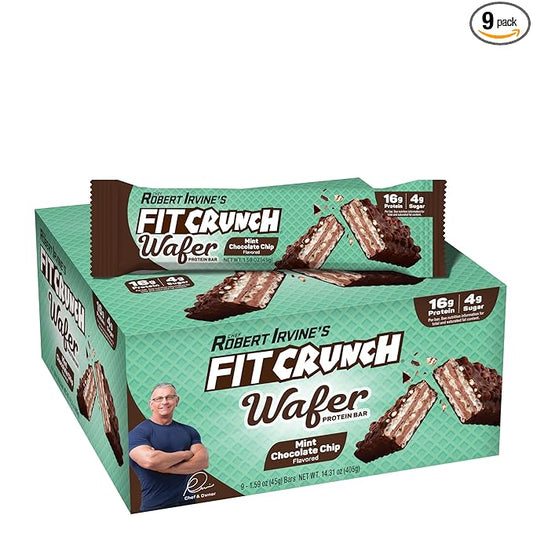 FITCRUNCH Wafer Protein Bars, 16g of Protein & 4g of Sugar (9 Bars, Mint Chocolate Chip)