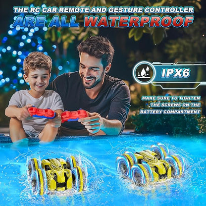 Waterproof Remote Control Car，4WD Amphibious 2.4 GHz RC Car Remote Control Boat，360°Rotation RC Stunt with LED Lights，Boys Girls Gifts All Terrain Water Beach Pool Toy Yellow