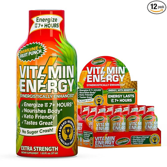 Vitamin Energy Immune+ Extra Strength Daily Energy Shot – Fruit Punch – 260mg Natural Caffeine, B-Vitamins, Green Tea, Citicoline – Immune & Focus Support – Zero Sugar, Vegan – 1.93 fl oz, 12-Pack