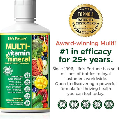 Life's Fortune Liquid Multivitamin, Tropical Flavor, Sugar Free, 32 oz – High Absorption Daily Vitamins for Adults Men & Women, Teens – Trace Minerals, Amino Acids, with Biotin, L-Arginine, Potassium