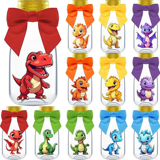 Small 12 Pack Dinosaur Party Favors - DIY Candy Jars with Ribbons and Stickers - Party Decoration Bottles for Birthday, Baby Shower and School Classroom - Dinosaur Table Centerpiece for Kids