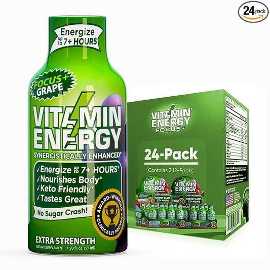 Vitamin Energy Focus+ Extra Strength Daily Energy Shot – Grape – 260mg Natural Caffeine, 100% DV B-Vitamins – Focus & Productivity Support – Zero Sugar, Vegan, Kosher – 1.93 fl oz, 24-Pack