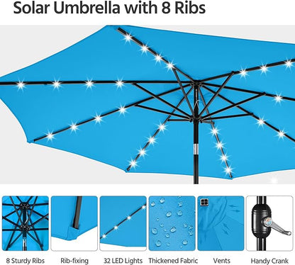 Yaheetech 10FT Solar Patio Umbrella 32 LED Lighted Outdoor Table Market Umbrella with 8 Ribs/Tilt Adjustment and UV-Resistant, Sky Blue