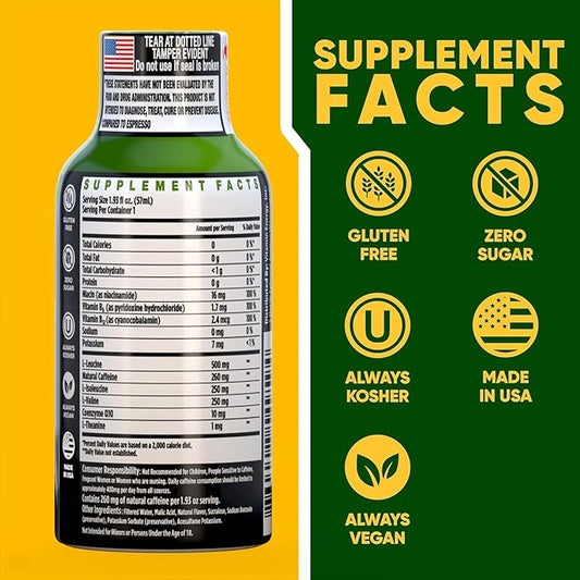 Vitamin Energy Focus+ Extra Strength Daily Energy Shot – Blue Raspberry – 260mg Natural Caffeine, 100% DV B-Vitamins – Focus & Productivity Support – Zero Sugar, Vegan, Kosher – 1.93 fl oz, 24-Pack
