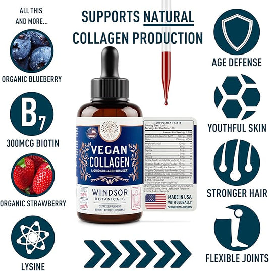 Vegan Collagen Builder Liquid Supplement - Collagen Booster with Vitamin C, Biotin, Hyaluronic Acid & Amino Acids - Vegetarian Collagen for Women, Organic Fruit & Vegetable Blend - 120ml, 60 Day