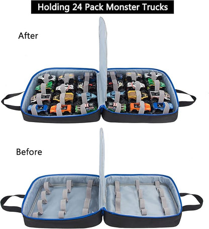 KISLANE Carrying Case for 24 Monster Jam Trucks, Kids Toy Truck Storage Compatible with 24 Monster Jam Trucks, Holding for 1:64 Scale Monster Jam Trucks (No Accessories Included)