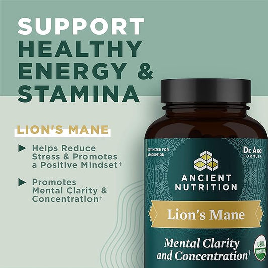 Ancient Nutrition Organic Lion's Mane Mushroom Supplement with Ashwagandha, Organic Lion's Mane Supports Healthy Energy and Concentration, Reduces Fatigue, Gluten Free and Keto Friendly, 30 Tablets