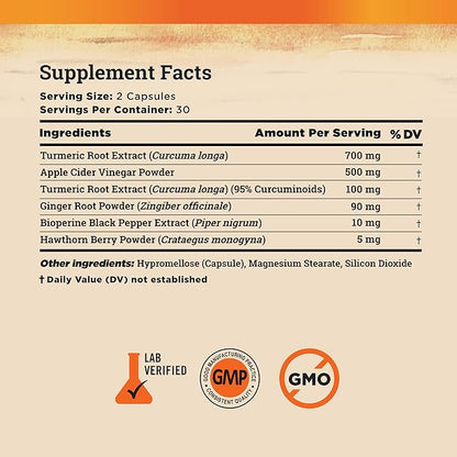 Nature's Base Turmeric Curcumin Supplement - with Ginger, Apple Cider Vinegar, & BioPerine Black Pepper Extract - 95% Curcuminoids - 60 Capsules