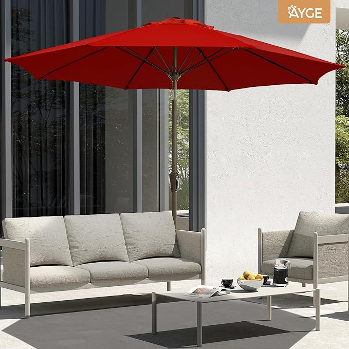 Ayge 9FT Large Outdoor Patio Umbrella Market Table Umbrella-UV Resistant, Easy Push Button Tilt and Crank, 8 Sturdy Fiberglass Ribs Heavy-Duty Pool Umbrella for Deck, Backyard,Garden