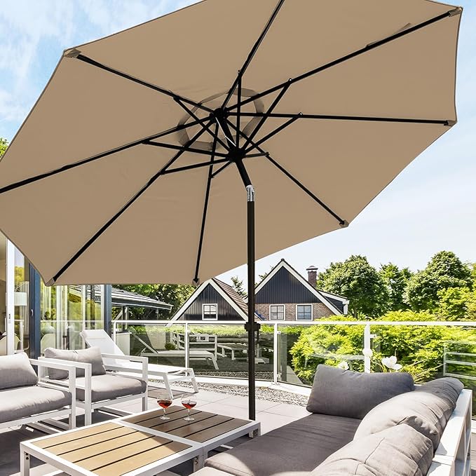 wikiwiki 10 FT Patio Umbrellas Outdoor Table Market Umbrella with Push Button Tilt/Crank, 8 Sturdy Ribs, Fade Resistant Waterproof POLYESTER DTY Canopy for Garden, Lawn, Deck, Backyard & Pool, Tan