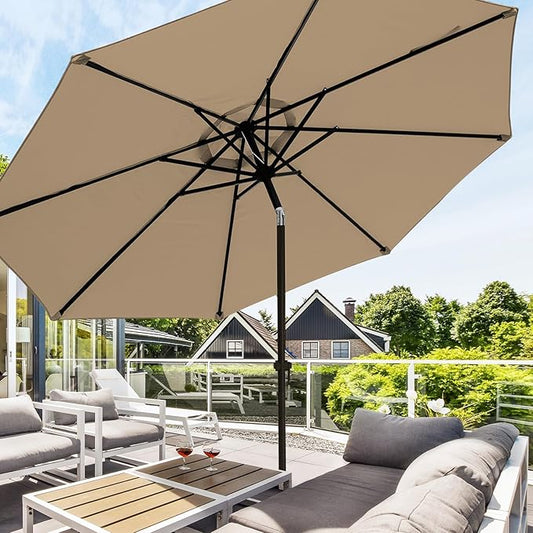 wikiwiki 10 FT Patio Umbrellas Outdoor Table Market Umbrella with Push Button Tilt/Crank, 8 Sturdy Ribs, Fade Resistant Waterproof POLYESTER DTY Canopy for Garden, Lawn, Deck, Backyard & Pool, Tan