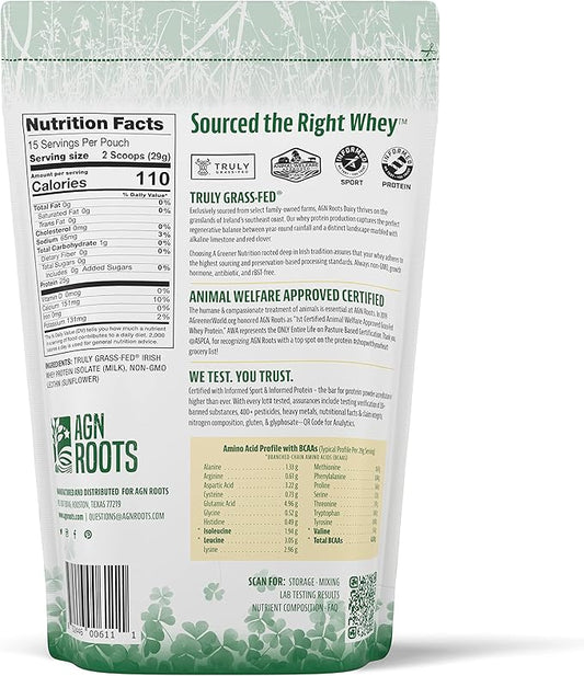 Grass Fed Whey Protein Powder Isolate - Unflavored - Unsweetened - Certified Entire Life On Pasture by A Greener World - ASPCA Registered - Informed Sport - Dairy Protein 1lbs