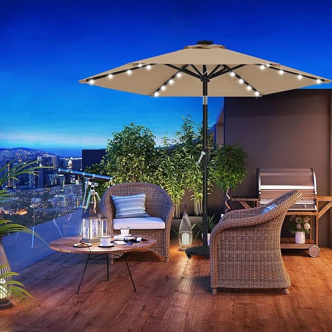 ABCCANOPY Durable Solar Led Patio Umbrellas with 32LED Lights 9FT (Tan)