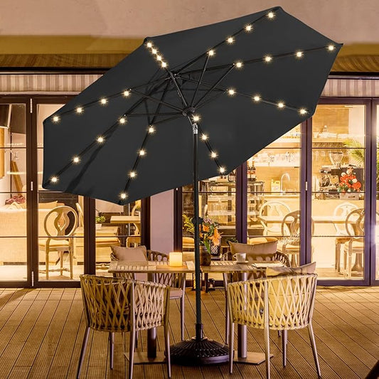 wikiwiki 9ft Solar Led Patio Umbrella, Sturdy Outdoor Market Umbrella for Deck, Pool, Garden w/Tilt, Crank, 32 LED Lights, Carbon Grey
