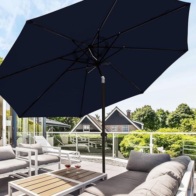wikiwiki 10 FT Patio Umbrellas Outdoor Table Market Umbrella with Push Button Tilt/Crank, 8 Sturdy Ribs, Fade Resistant Waterproof POLYESTER DTY Canopy for Garden, Lawn, Backyard & Pool, Navy Blue