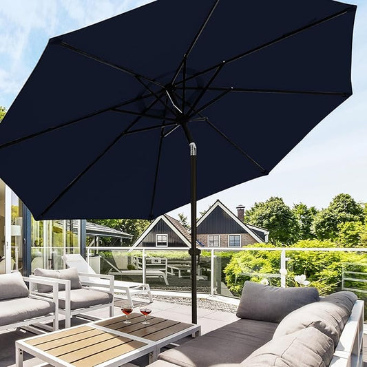 wikiwiki 10 FT Patio Umbrellas Outdoor Table Market Umbrella with Push Button Tilt/Crank, 8 Sturdy Ribs, Fade Resistant Waterproof POLYESTER DTY Canopy for Garden, Lawn, Backyard & Pool, Navy Blue