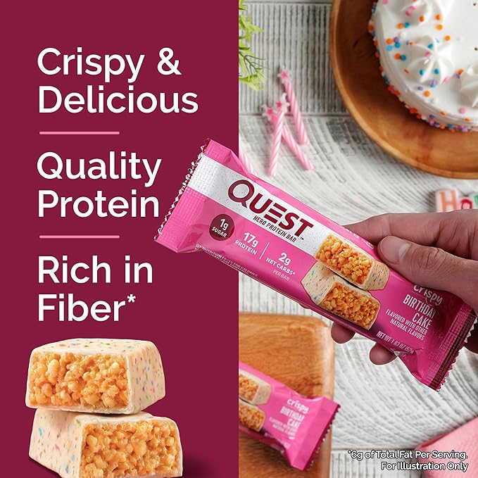 Quest Nutrition Crispy Birthday Cake Hero Protein Bar, 17g Protein, 1g Sugar, 2g Net Carbs, Gluten Free Protein Snack, Keto Friendly, 4 Count