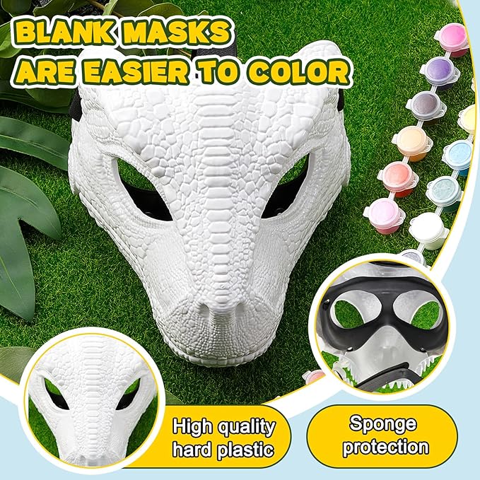 DIY White Hard Plastic Dino Mask with Paint Set,Dinosaur Mask Moving Jaw,T-rex,Jurassic for Kids