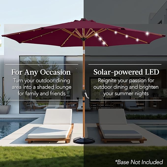 Best Choice Products 10ft Solar Market Patio Umbrella w/Woodgrain Pattern Pole, LED Lights, Tilt & Crank – Outdoor Sun Shade for Backyard Table, Deck, Poolside – Burgundy